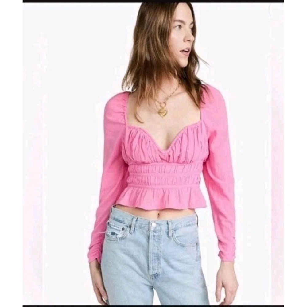 Free People Chloe Cropped Top Pink Ruffle Puffed Sleeves Smocked Size L NWT